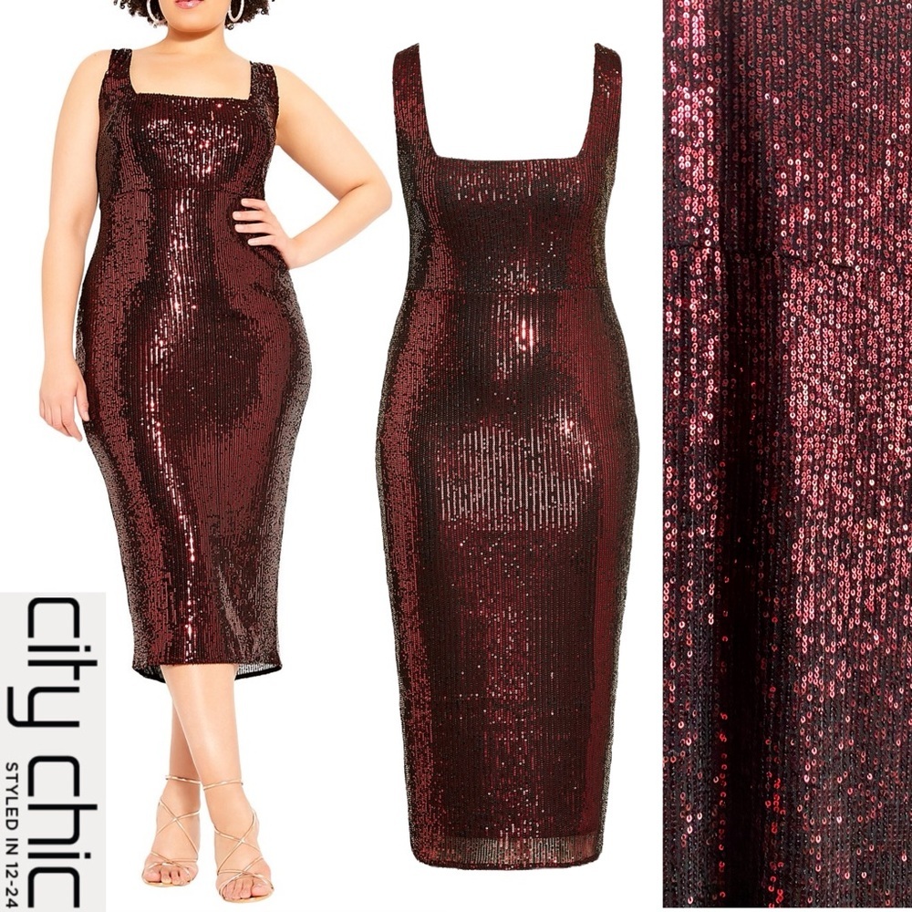 City Chic Burgundy Sequin Bodycon Midi Dress Ruby Cocktail Party Glam Plus Sz 18